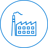A blue icon of a factory on a green background